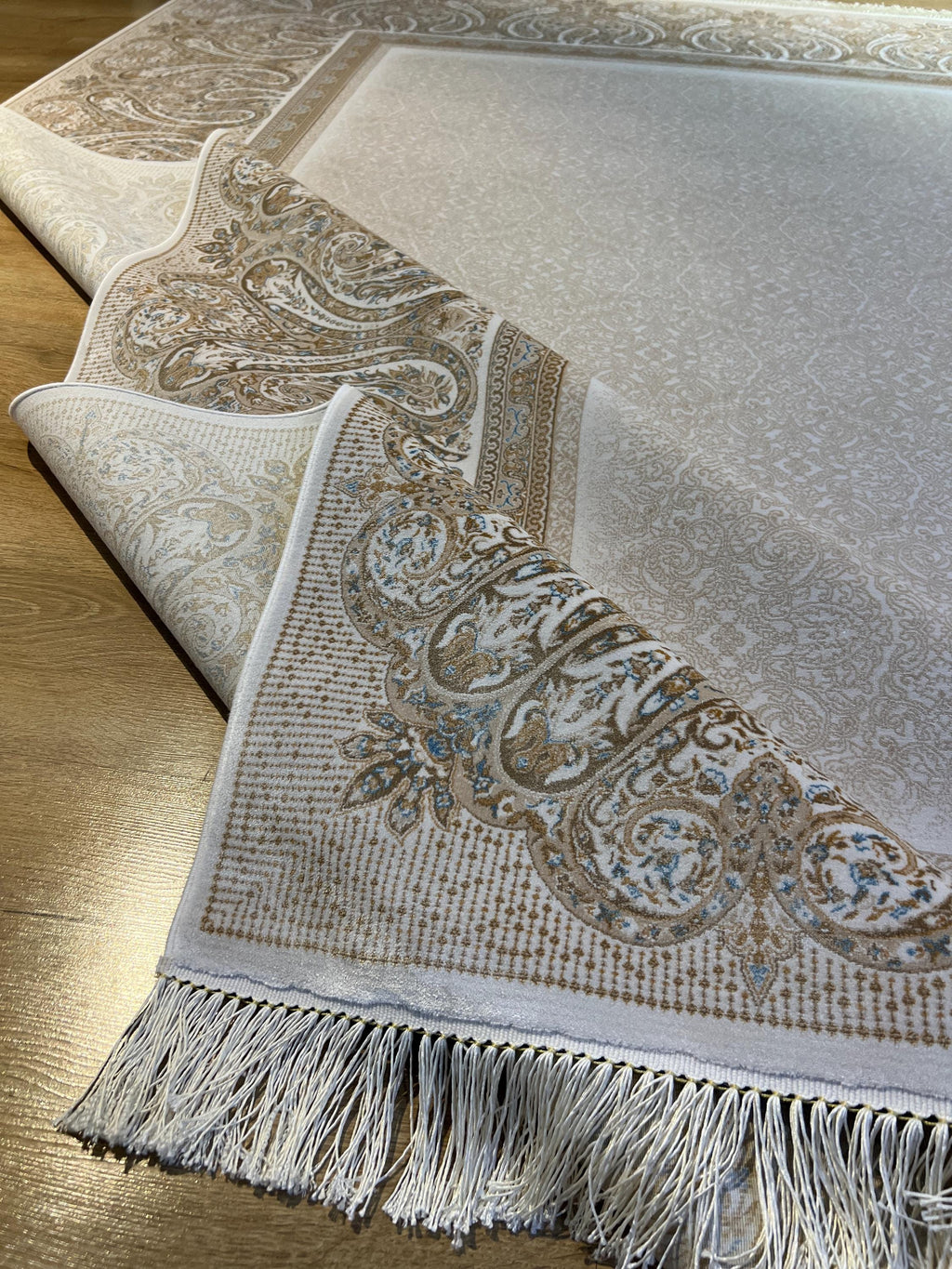 Cream Gold Silk Rug with Elegant Border, Classic Luxury Area Rug