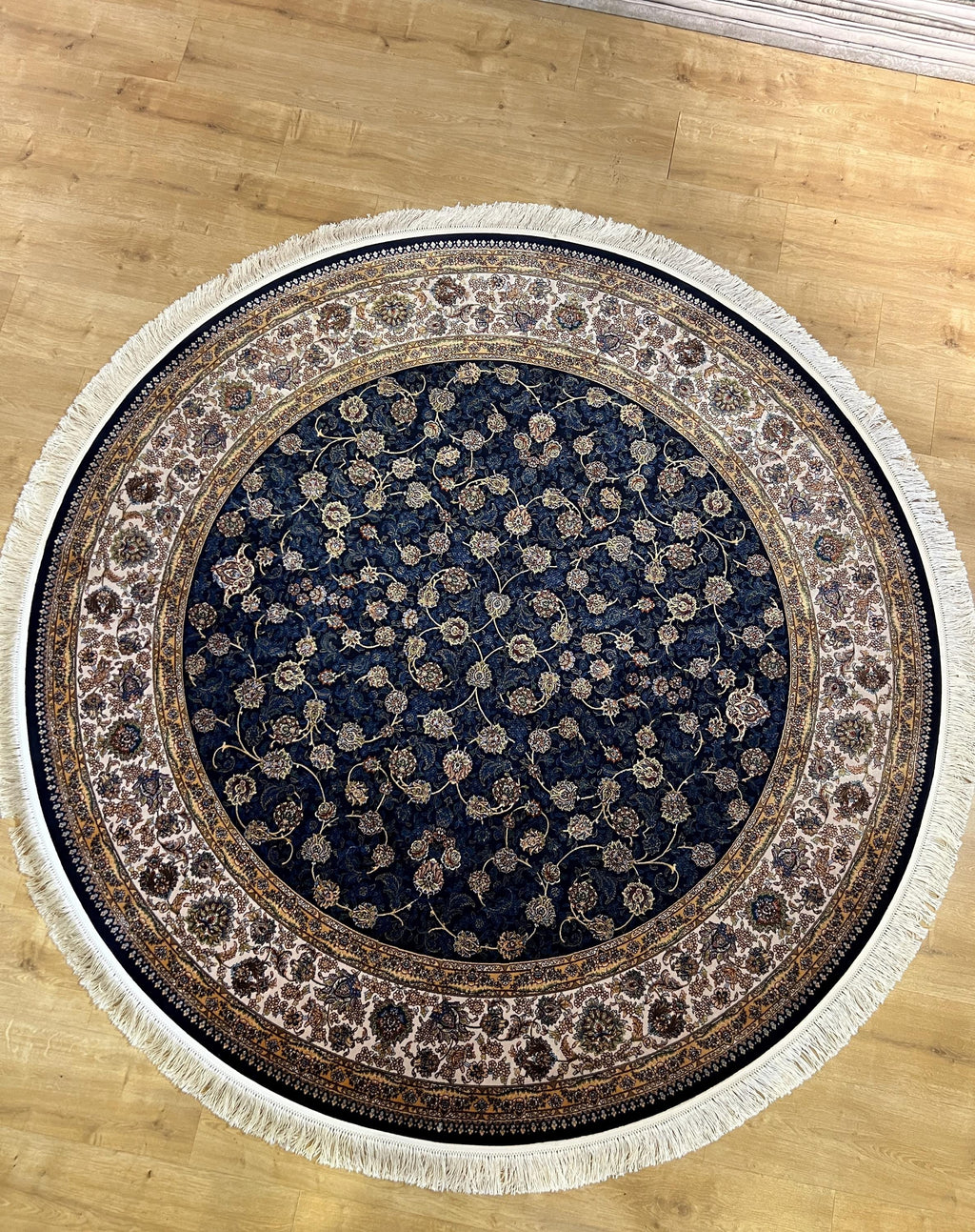 7x7 Ft Round Navy Blue Silk Rug, Floral Pattern Design, Classic Luxury Area Rug