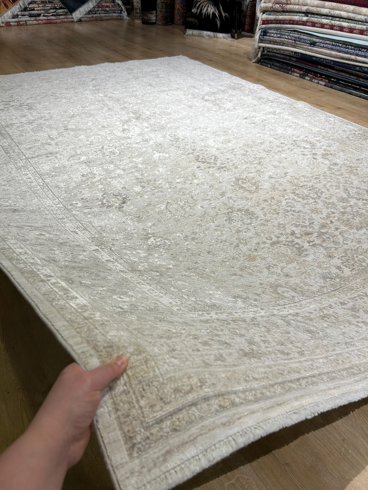 Gray Beige Floral Bamboo Rug with Ethnic Modern Patterns