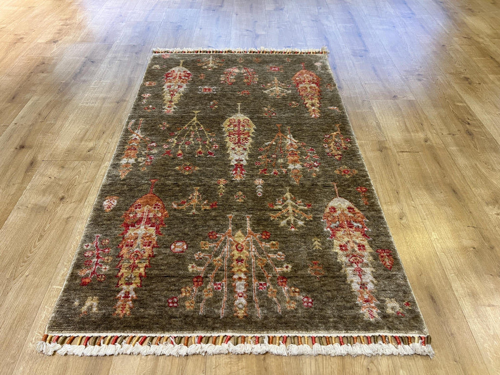 3x5 ft Green Carpet, Anatolian Style, Turkish Nostalgia Rug, Tree Pattern Rug