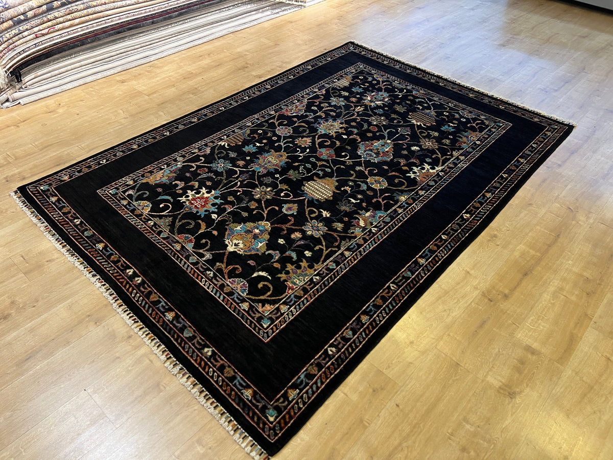 Wool Rug, 6x8 ft, Black Traditional Carpet