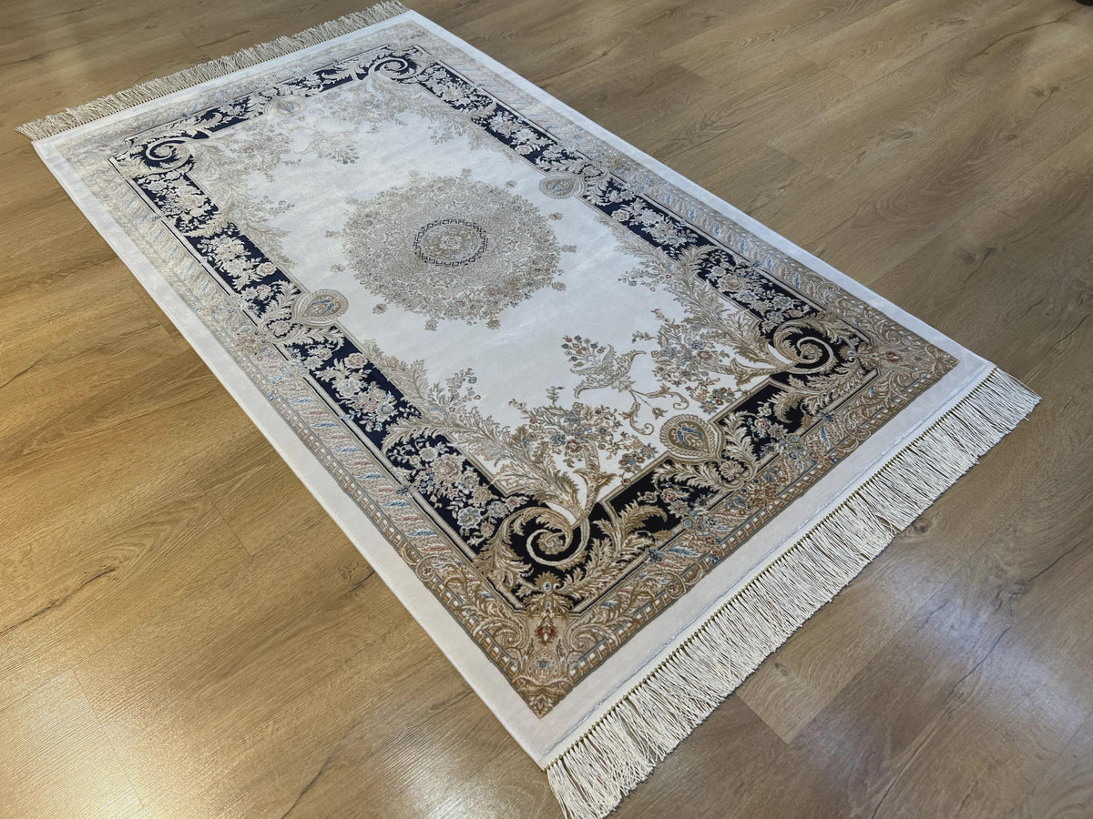 3x5 ft Ivory Silk Rug with Navy Blue Border Gold Medallion, Classic Turkish Rug