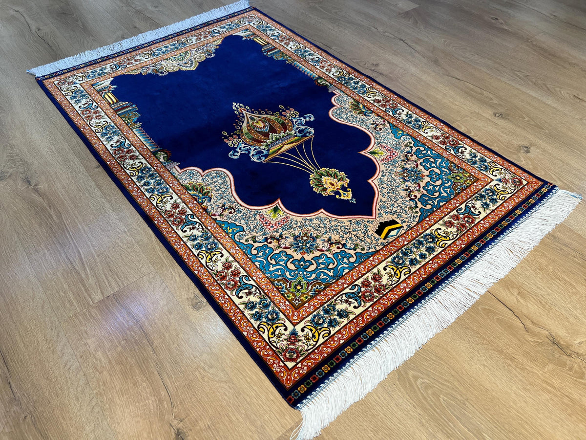 Blue Luxury Silk Prayer Rug, Gift Mat, Janamaz Mat