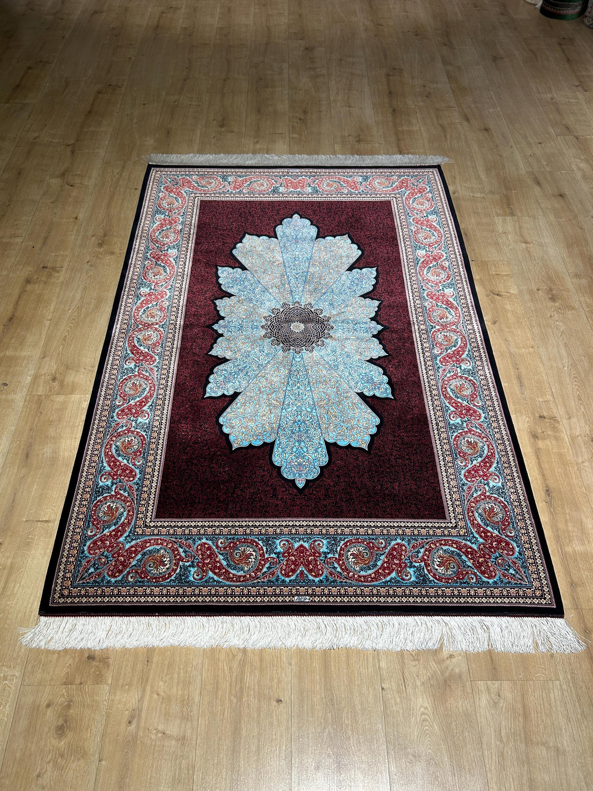 4x6 ft Red Silk Rug, Blue Medallion Design, Classic Turkish Style Carpet, Luxury Rug