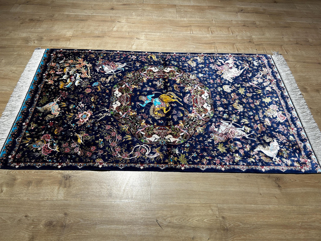 Blue Decorative Silk Tapestry Rug With Art Motifs, Floral Design