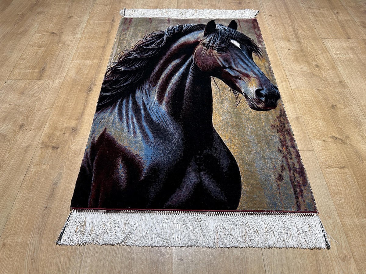 Horse Portrait Tapestry, Black Horse Silk Rug, Woven Wall Hanging, Rustic Home Decor