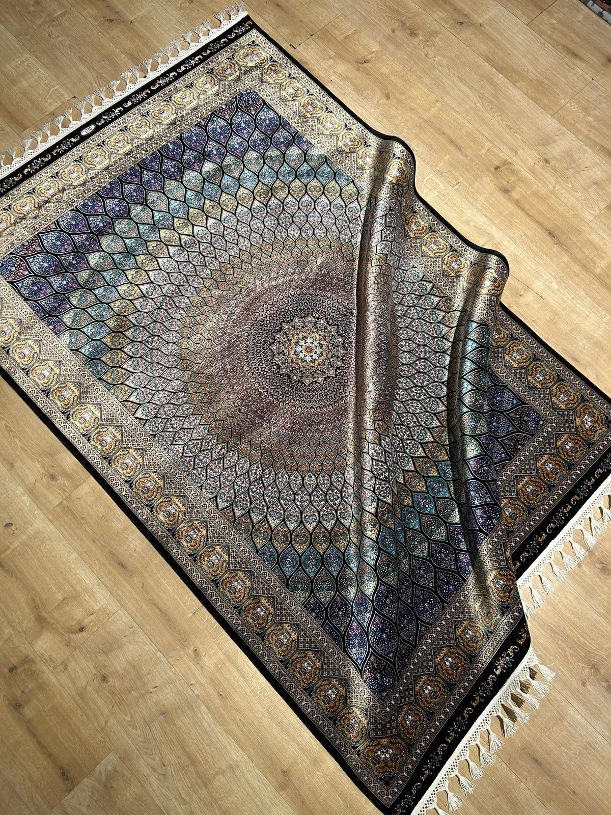 4x6 ft Blue Gold Silk Rug, Medallion Design, Classic Turkish Style Carpet, Luxury Rug