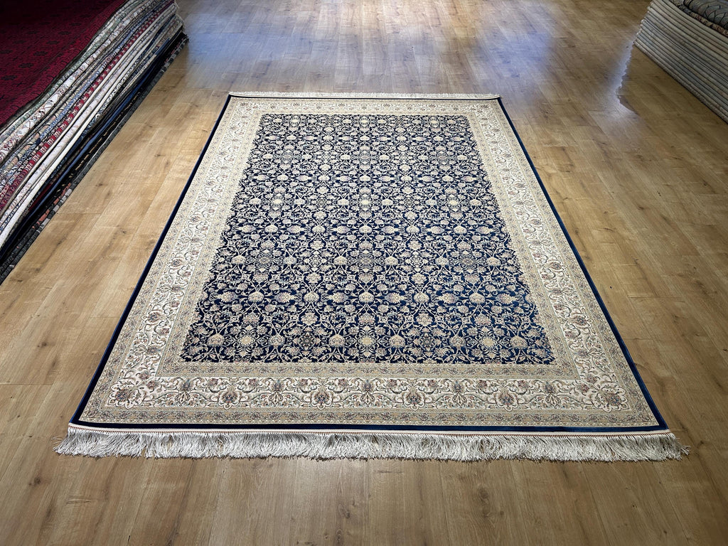 Blue Silk Rug, Classic Silk Carpet with Floral Pattern