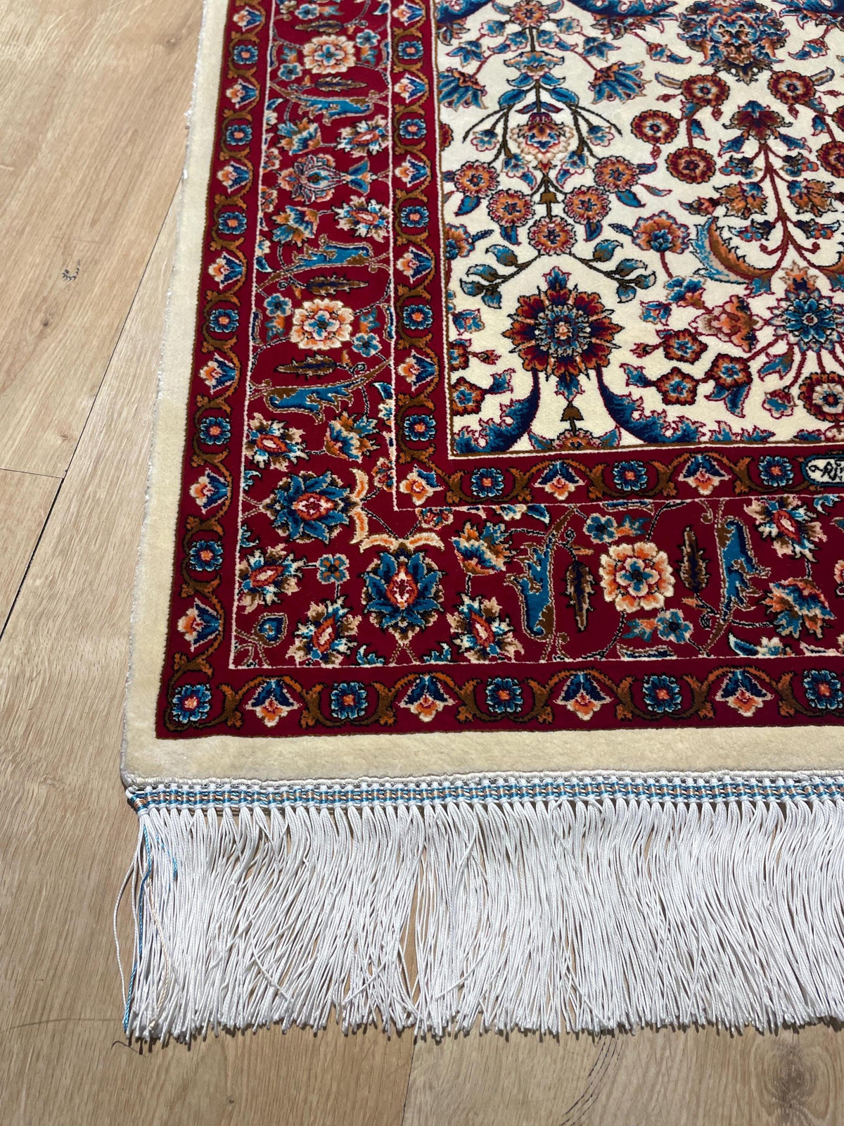 Cream Small Silk Rug, Red Bordered Floral Silk Mat, Luxury Home Decor