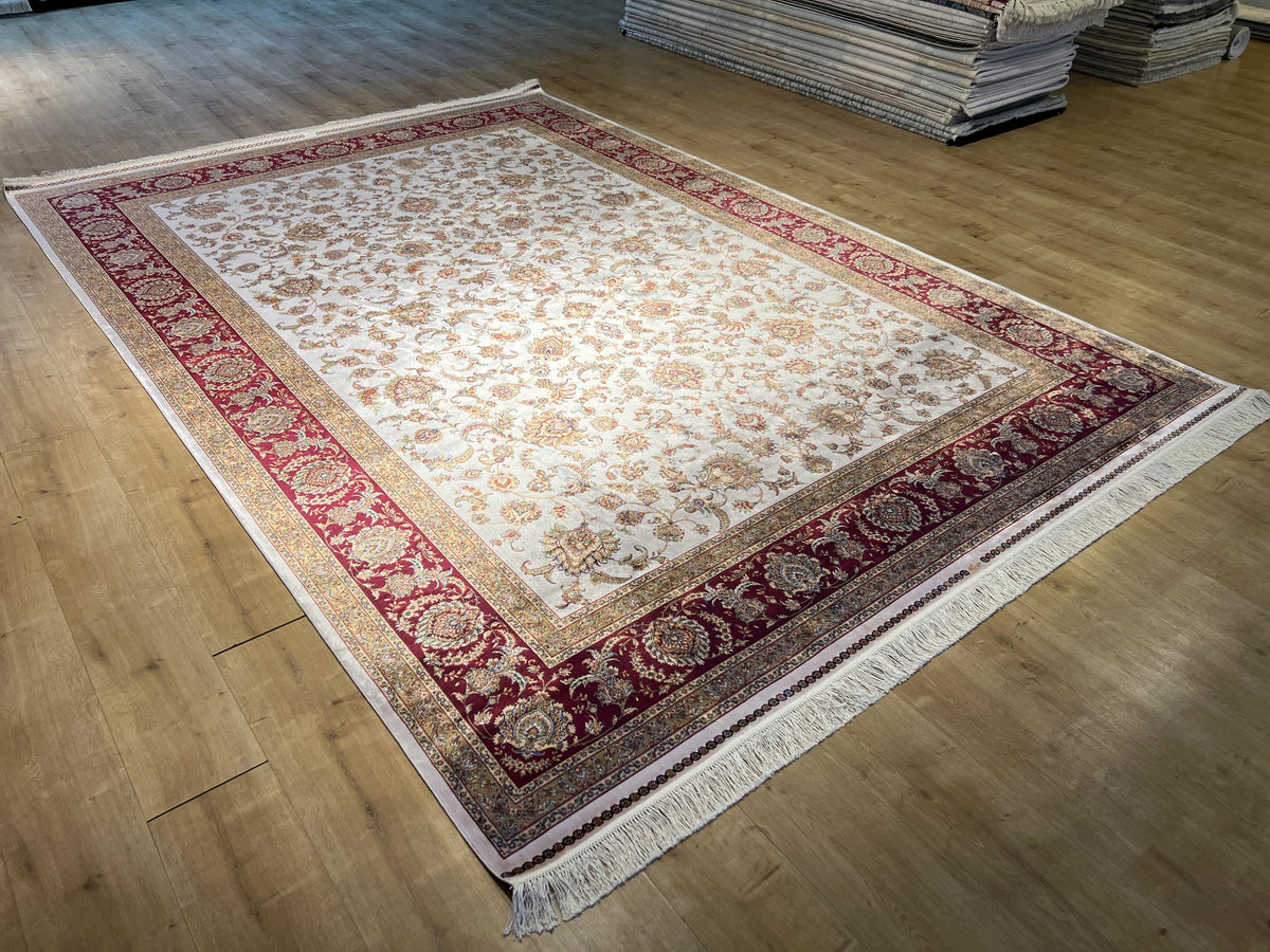 8x11 ft Ivory Silk Bamboo Rug with Red Border and Gold Pattern, Classic Design