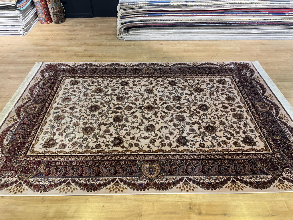 7x10 ft Ivory Silk Rug, Gold Floral and Red Border Silk Carpet, Classic Design
