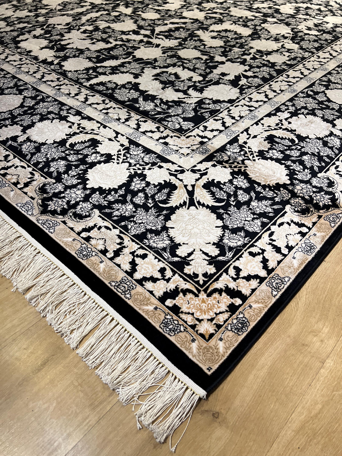 10x13 ft Black Classic Silk Rug with Gold Floral Motifs, Big Silk Carpet