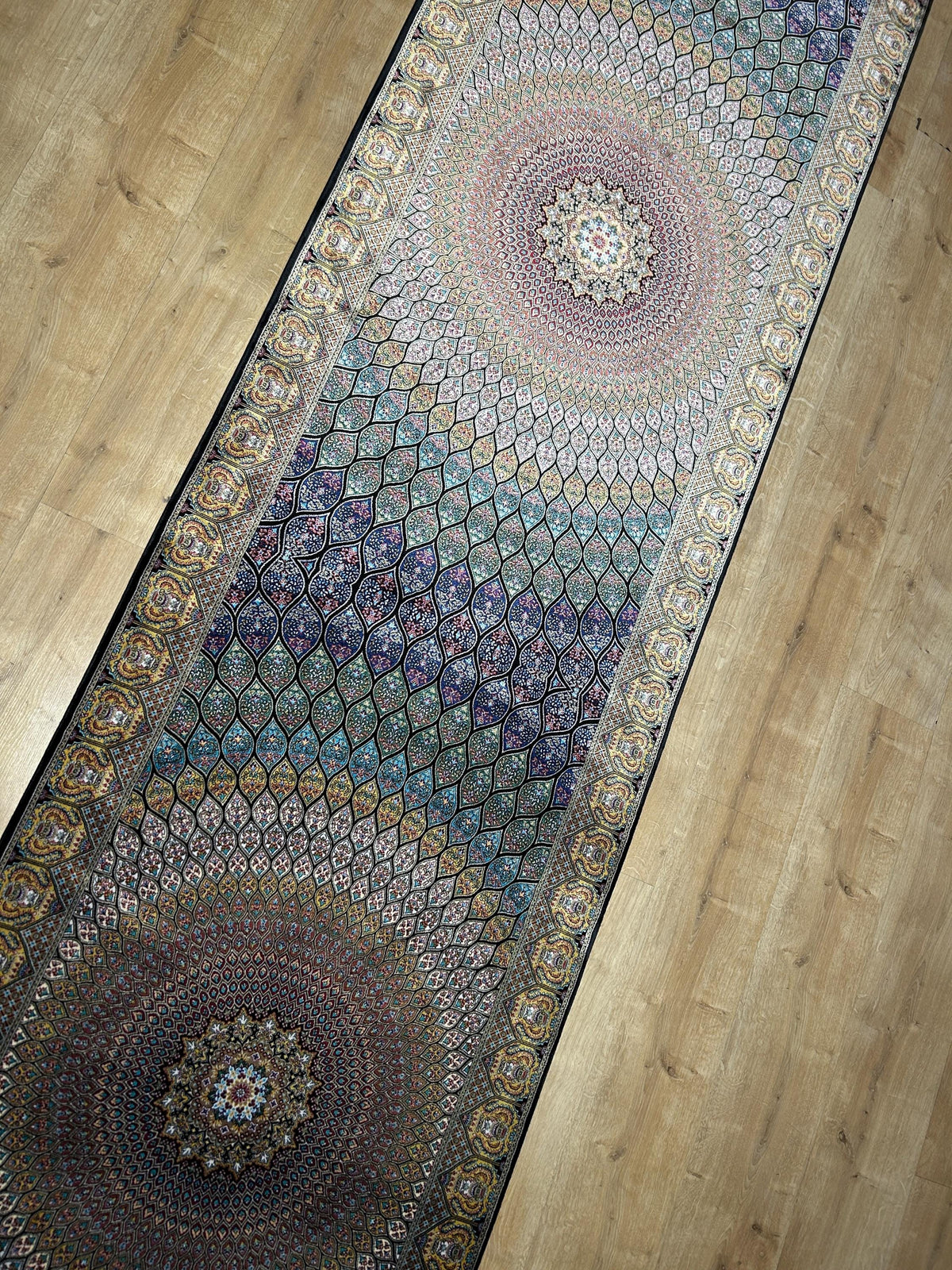 Blue Gold Silk Runner Rug, Medallion Peacock Tail Design Rug, Traditional Carpet