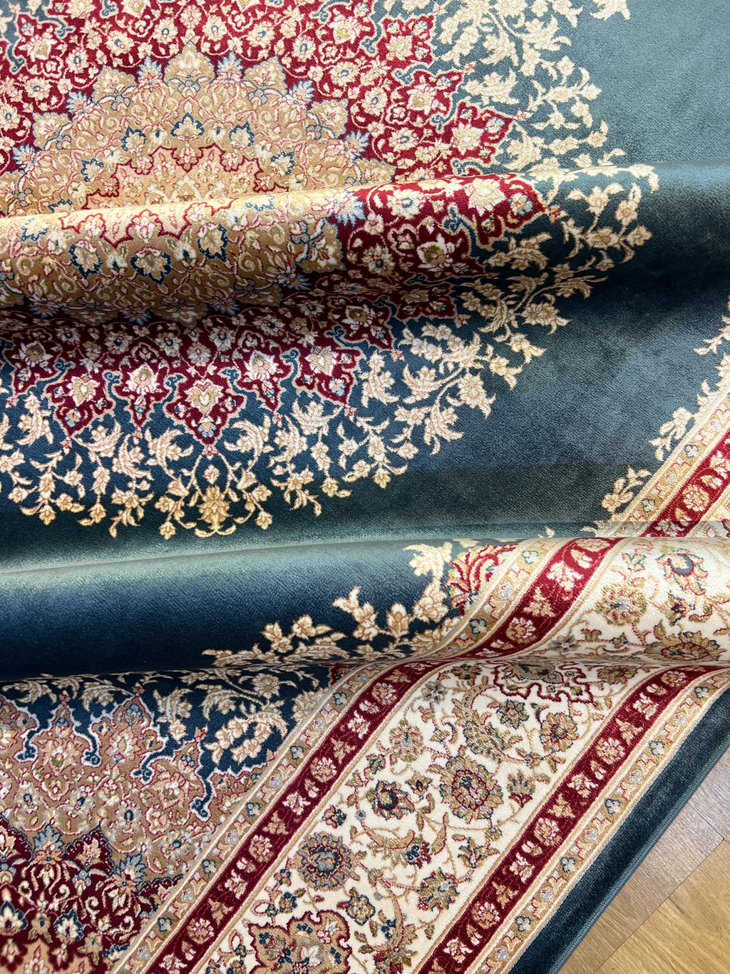 5x8 ft Blue Red Bamboo Silk Rug, Classic Medallion Rug