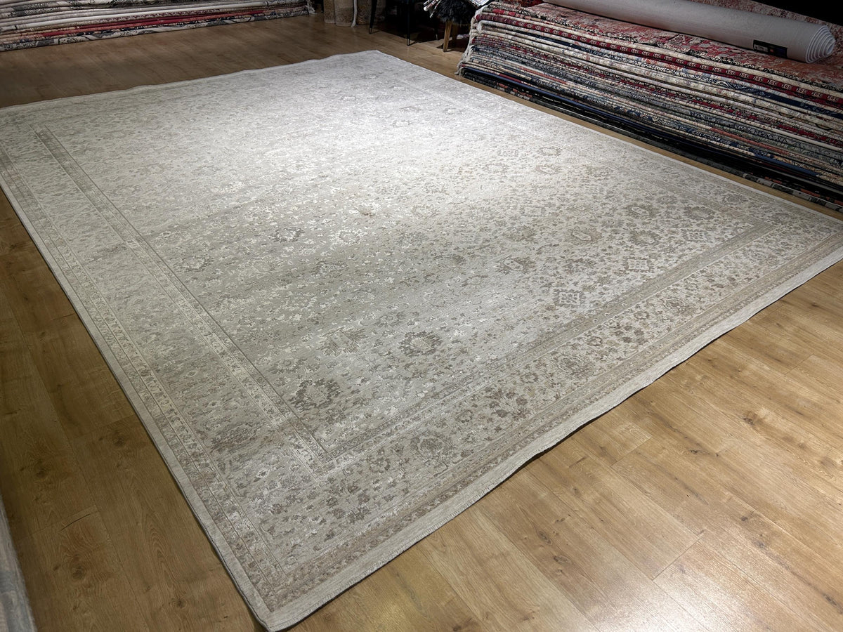 10x13 ft Gray Beige Floral Bamboo Rug with Ethnic Modern Patterns, Big Size Rug