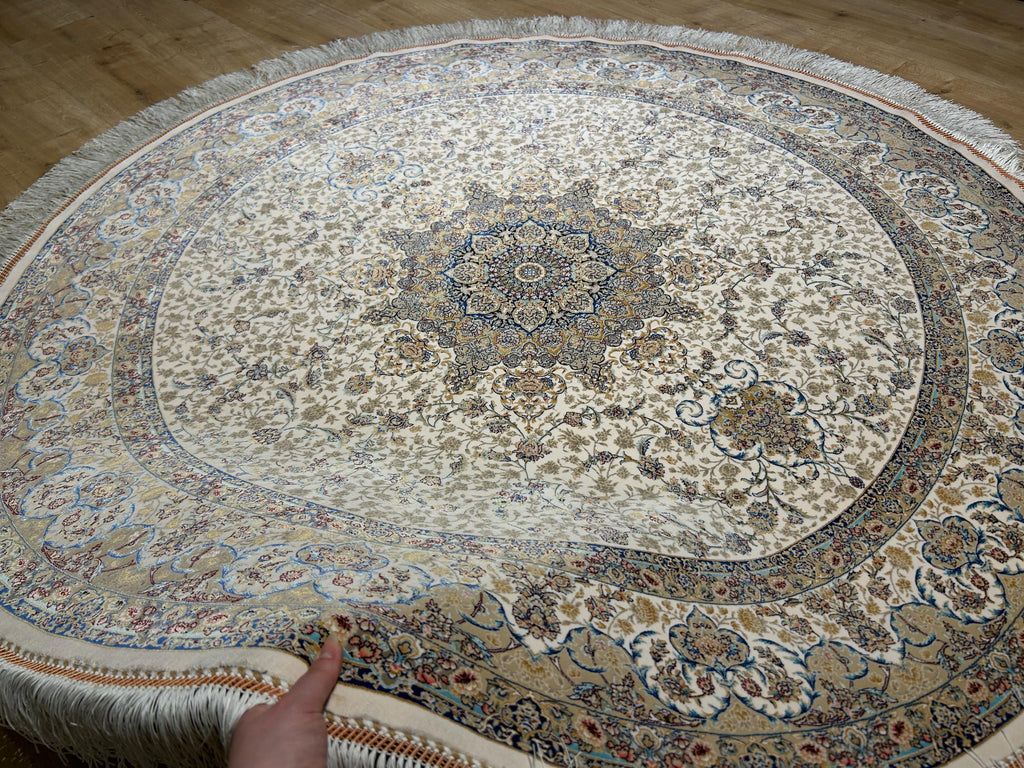 5x5 ft Ivory Blue Beige Round Silk Rug, Classic Turkish Medallion Design Carpet