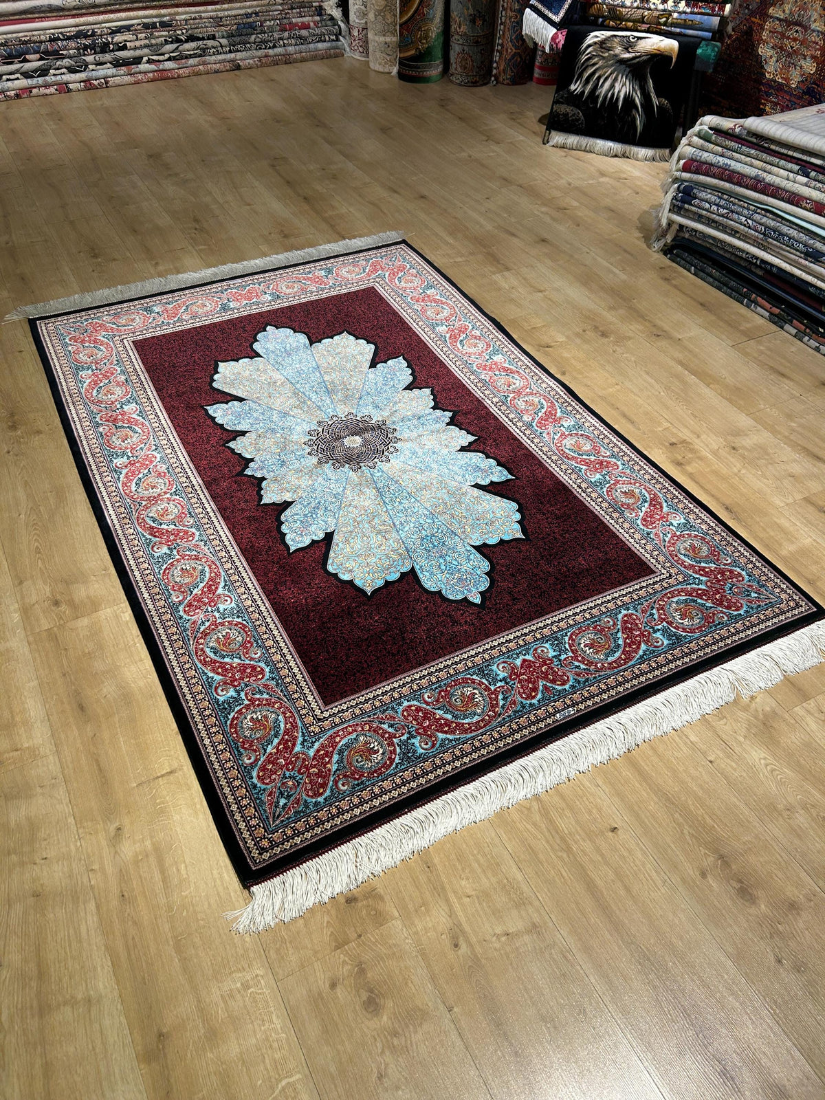 4x6 ft Red Silk Rug, Blue Medallion Design, Classic Turkish Style Carpet, Luxury Rug