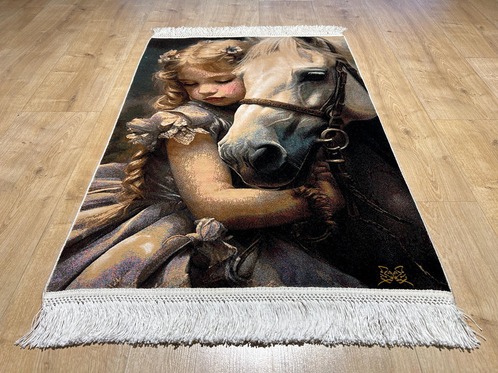 2x3 ft Horse Tapestry, Little Girl and Horse, Silk Rug, Woven Wall Art