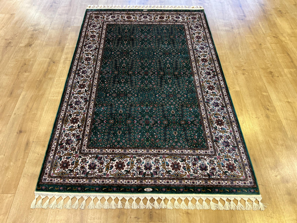 Green Modal Silk Turkish Carpet, 4x6 ft, Living Room Rug