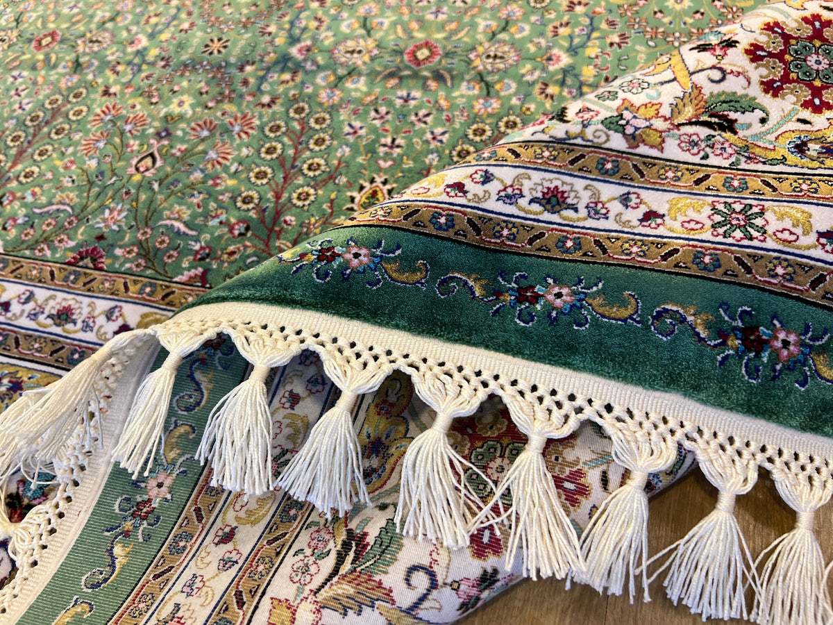 Green Floral Silk Rug with Ivory Frame Classic Turkish Design