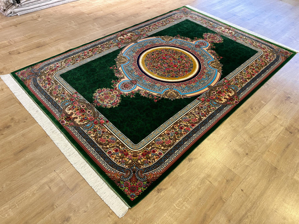 Luxury Green Silk Rug With Floral Border and Medallion