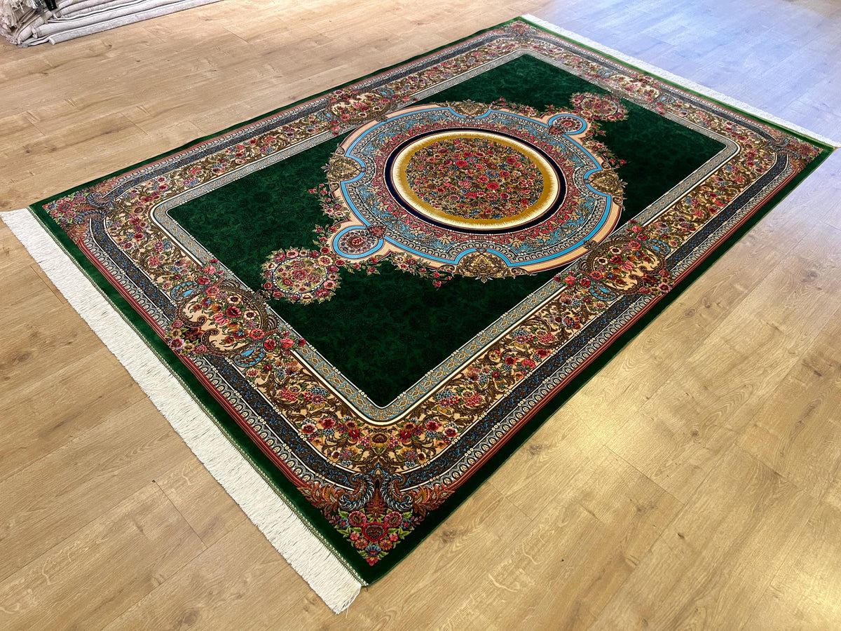 Luxury Green Silk Rug With Floral Border and Medallion