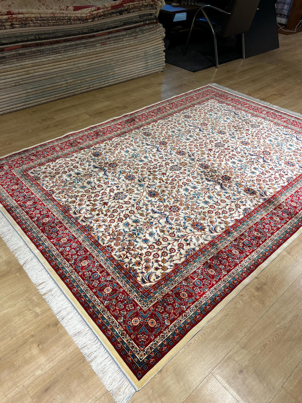 Floral Design Ivory Silk Carpet, Red Border Silk Rug, Home Decor