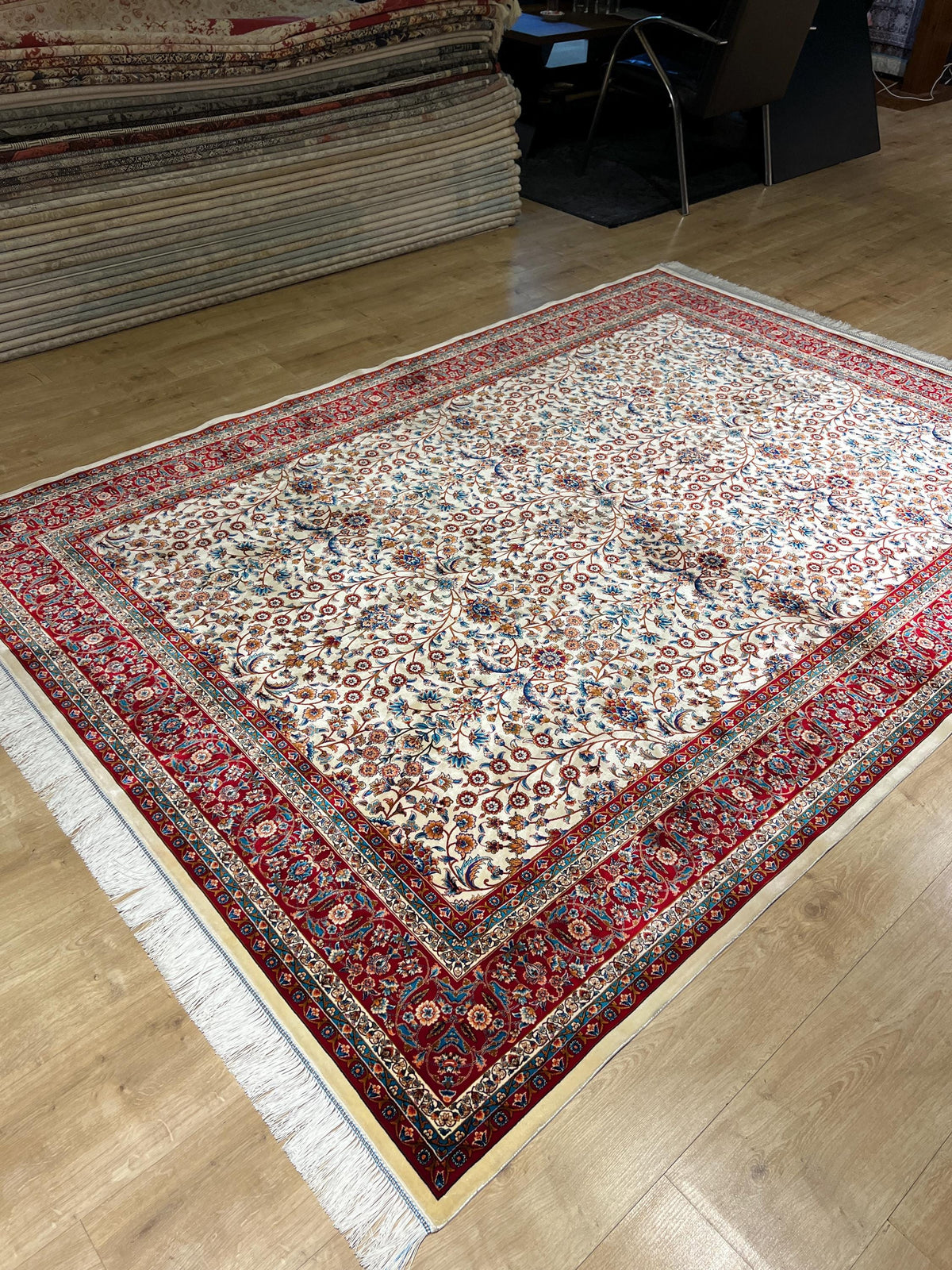 Floral Design Ivory Silk Carpet, Red Border Silk Rug, Home Decor