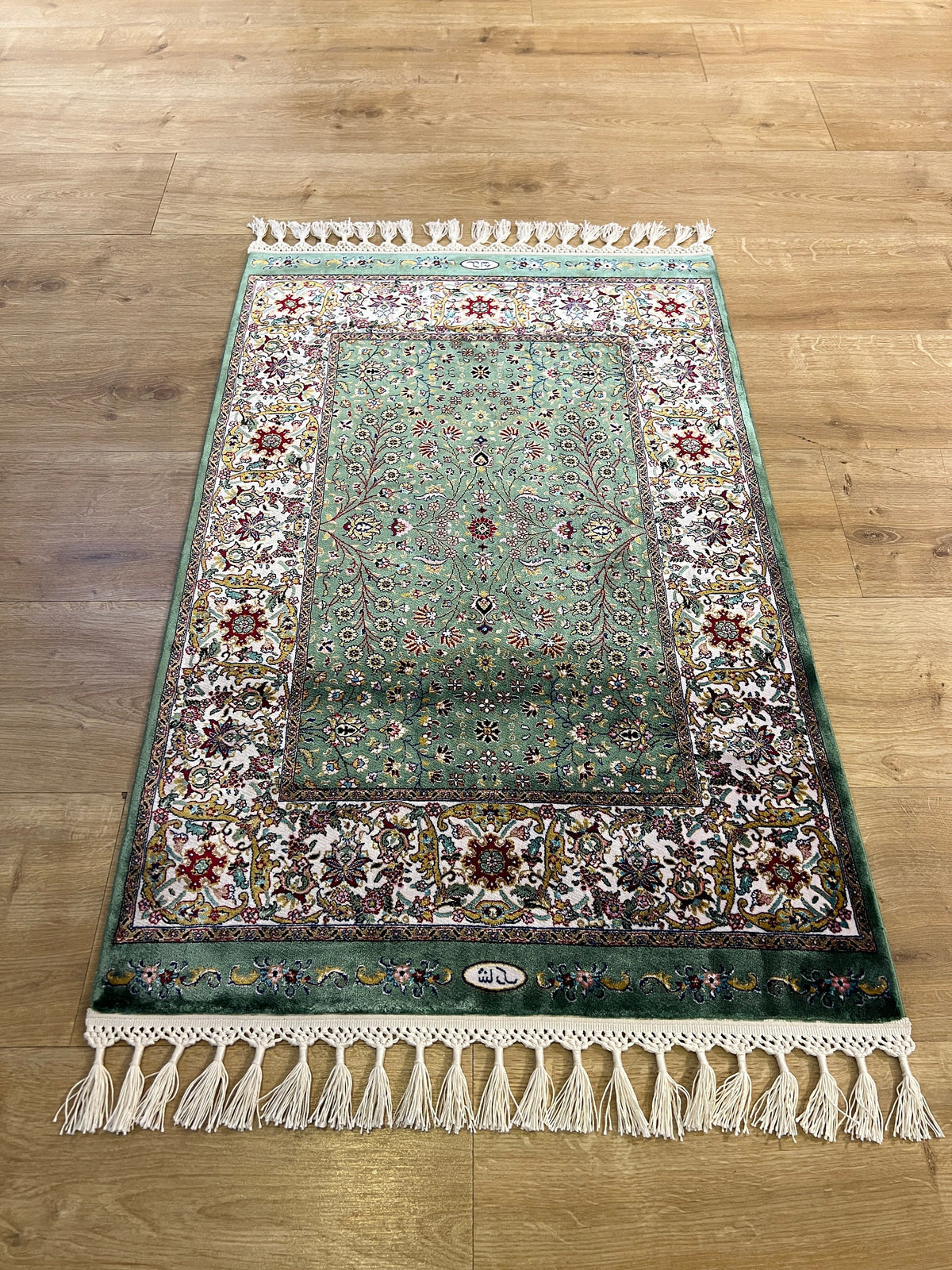 Green Beige Floral Silk Rug, Turkish Carpet, Luxury Home Decor