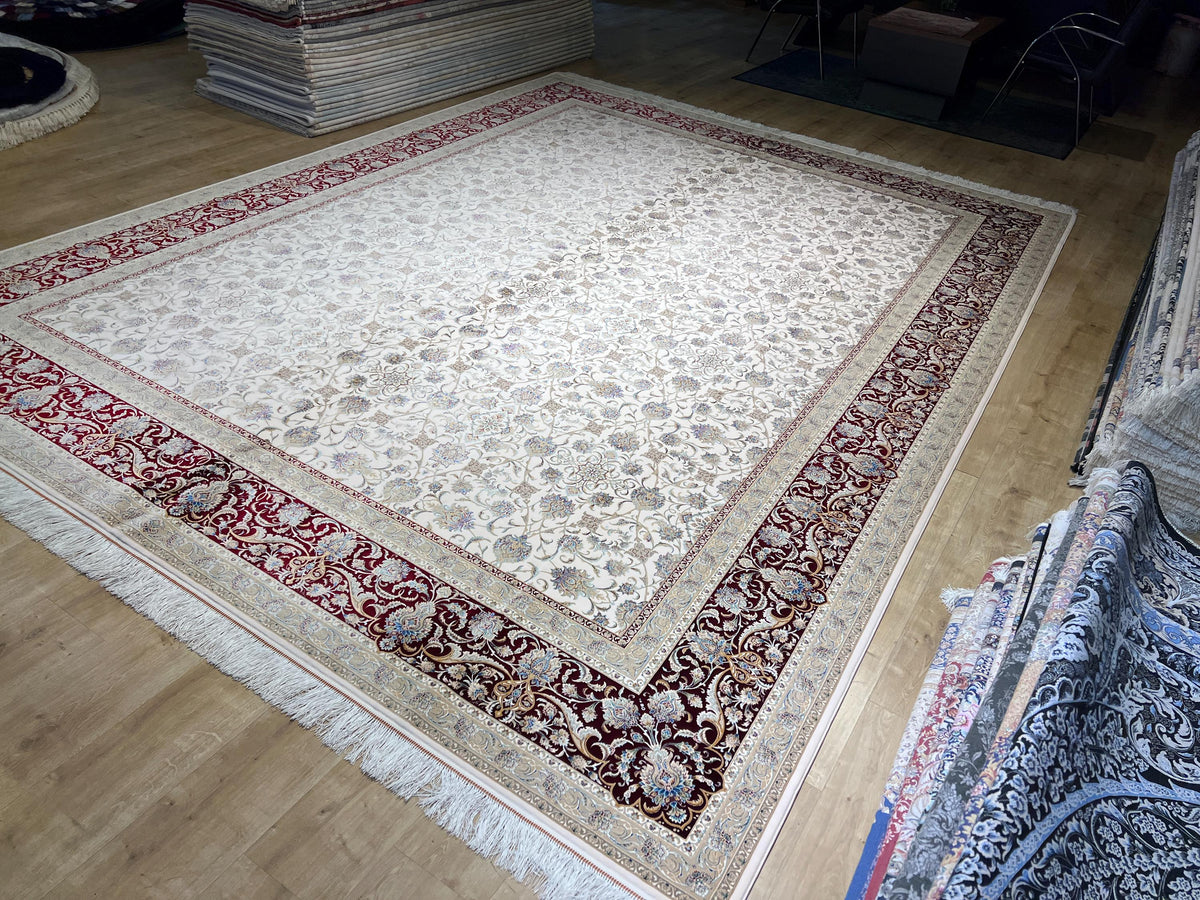 Cream Red Silk Rug, 10x13 ft, Large Classic Luxury Area Rug