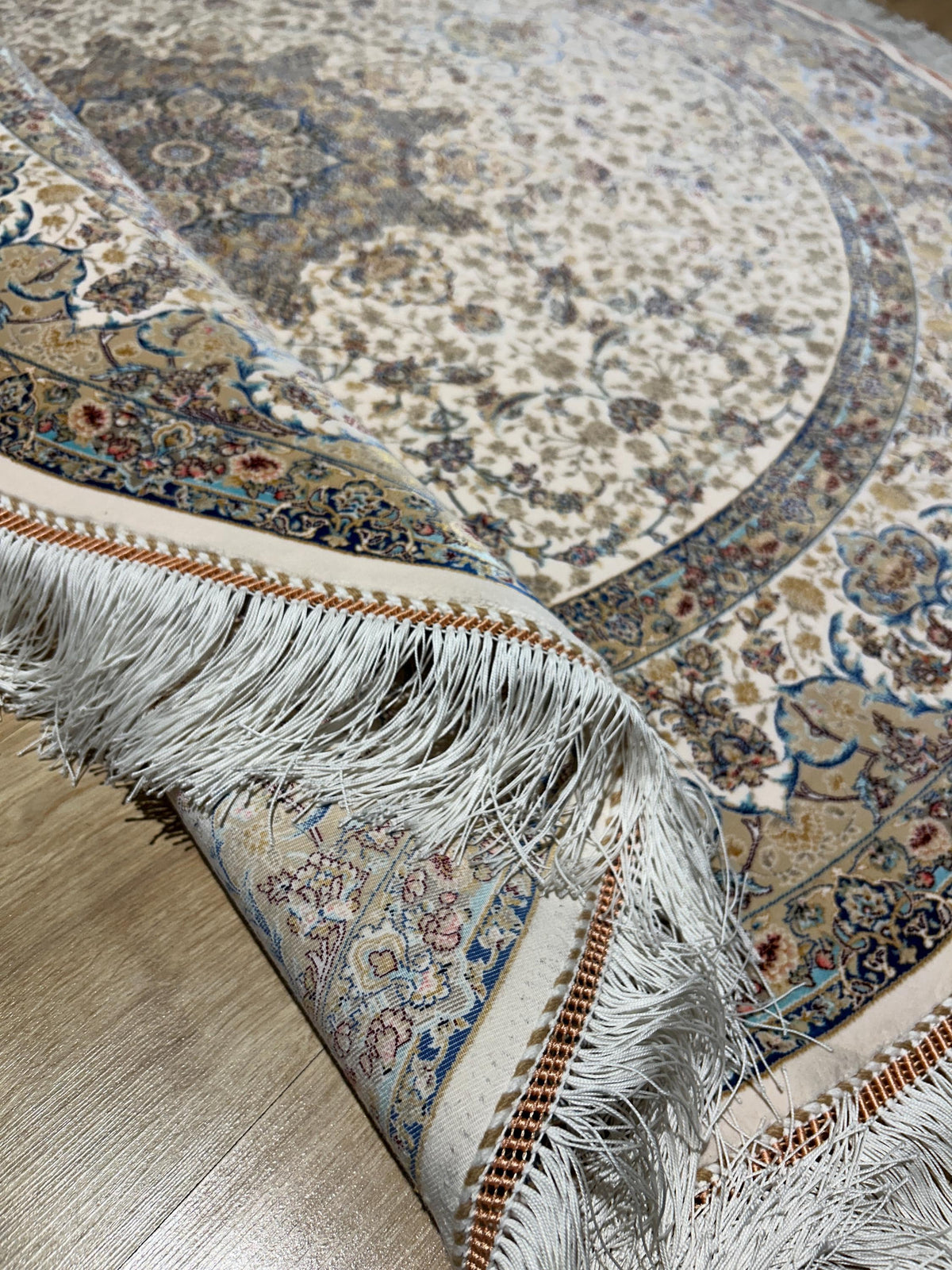 5x5 ft Ivory Blue Beige Round Silk Rug, Classic Turkish Medallion Design Carpet