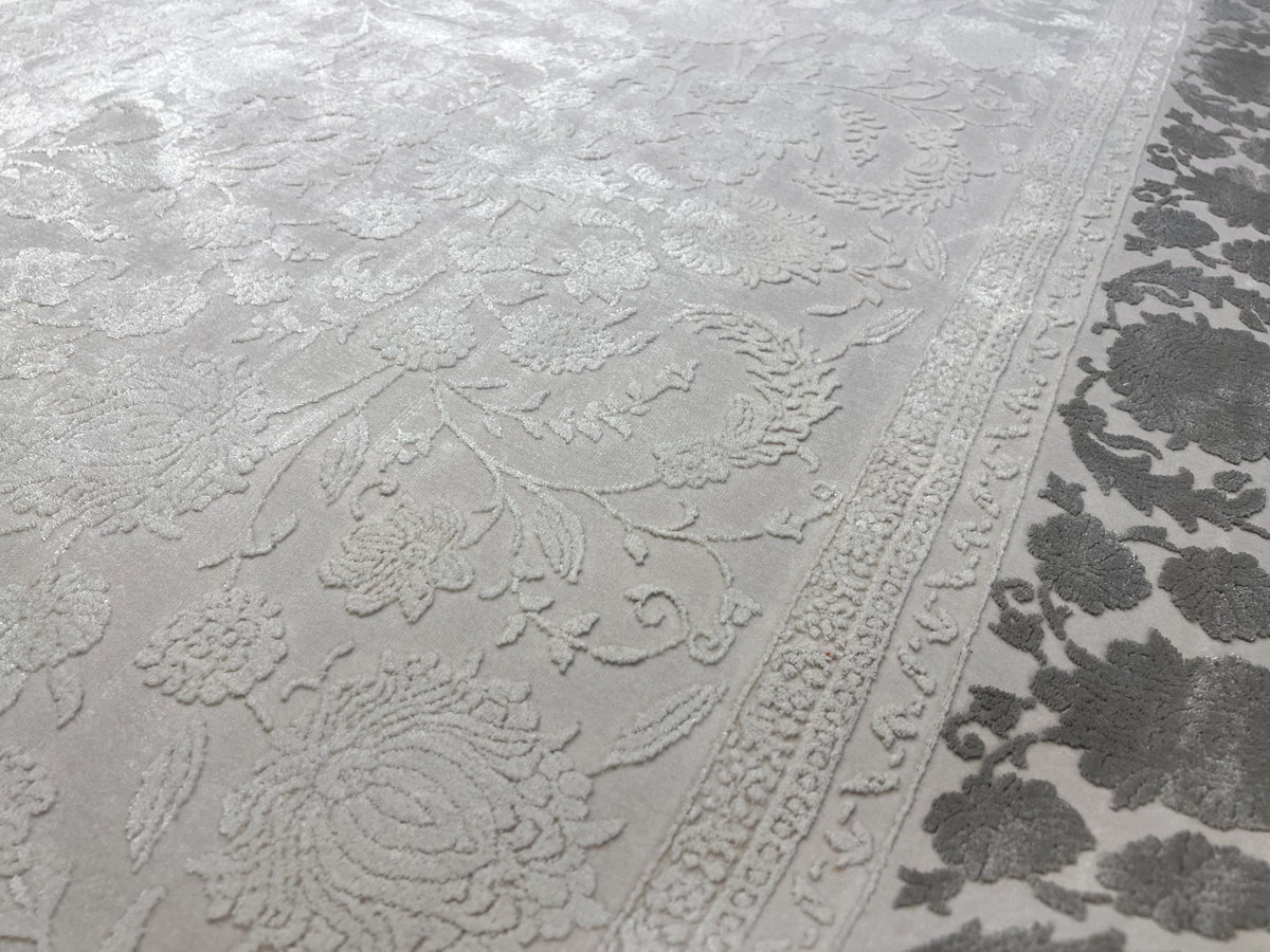 Ivory Floral Pattern Rug, Grey Border Carpet, Turkish Home Decor