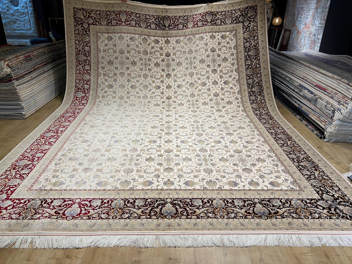 Cream Red Silk Rug, 10x13 ft, Large Classic Luxury Area Rug
