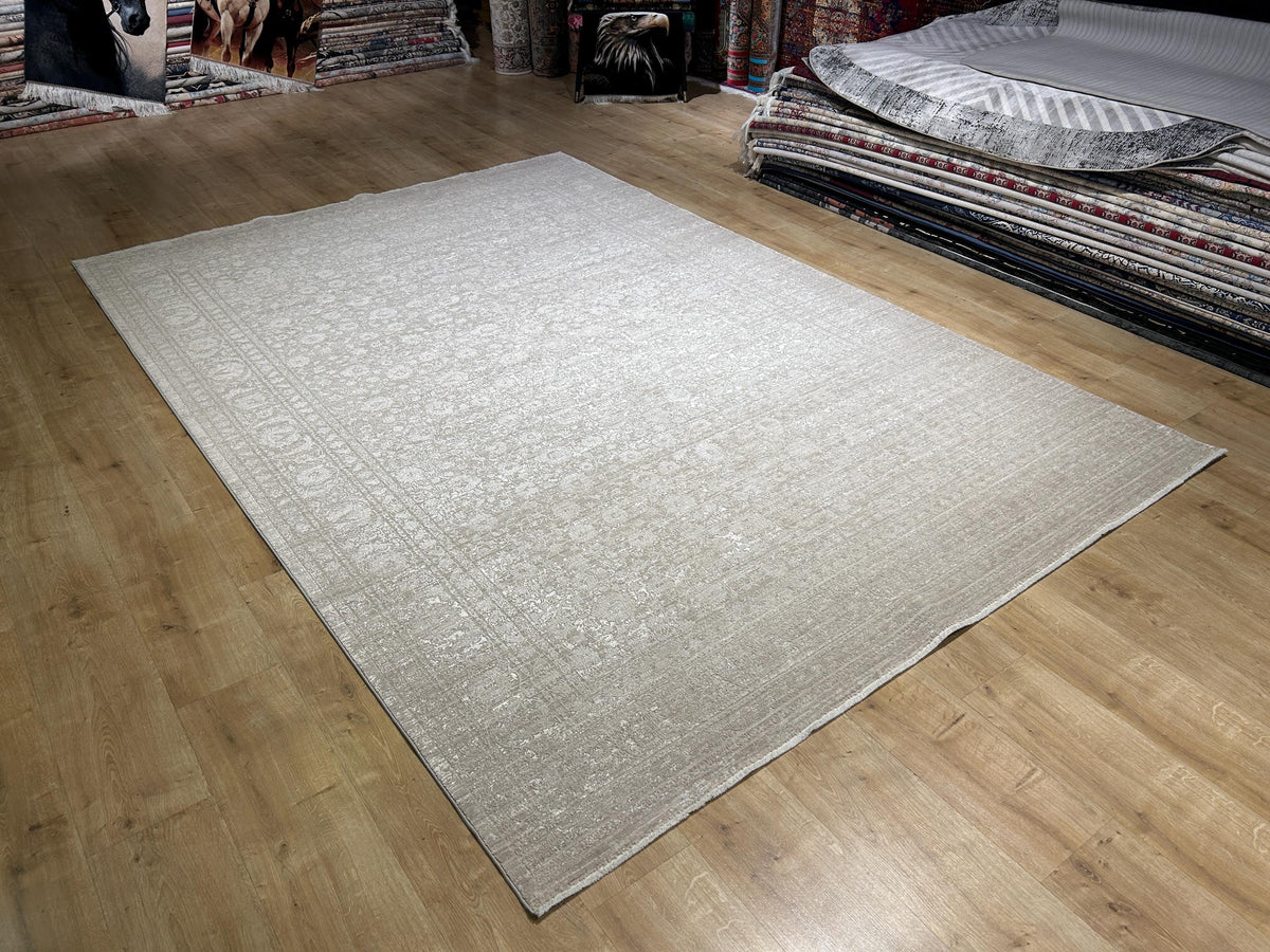 Beige Bamboo Rug with Traditional Modern Distressed Floral Patterns