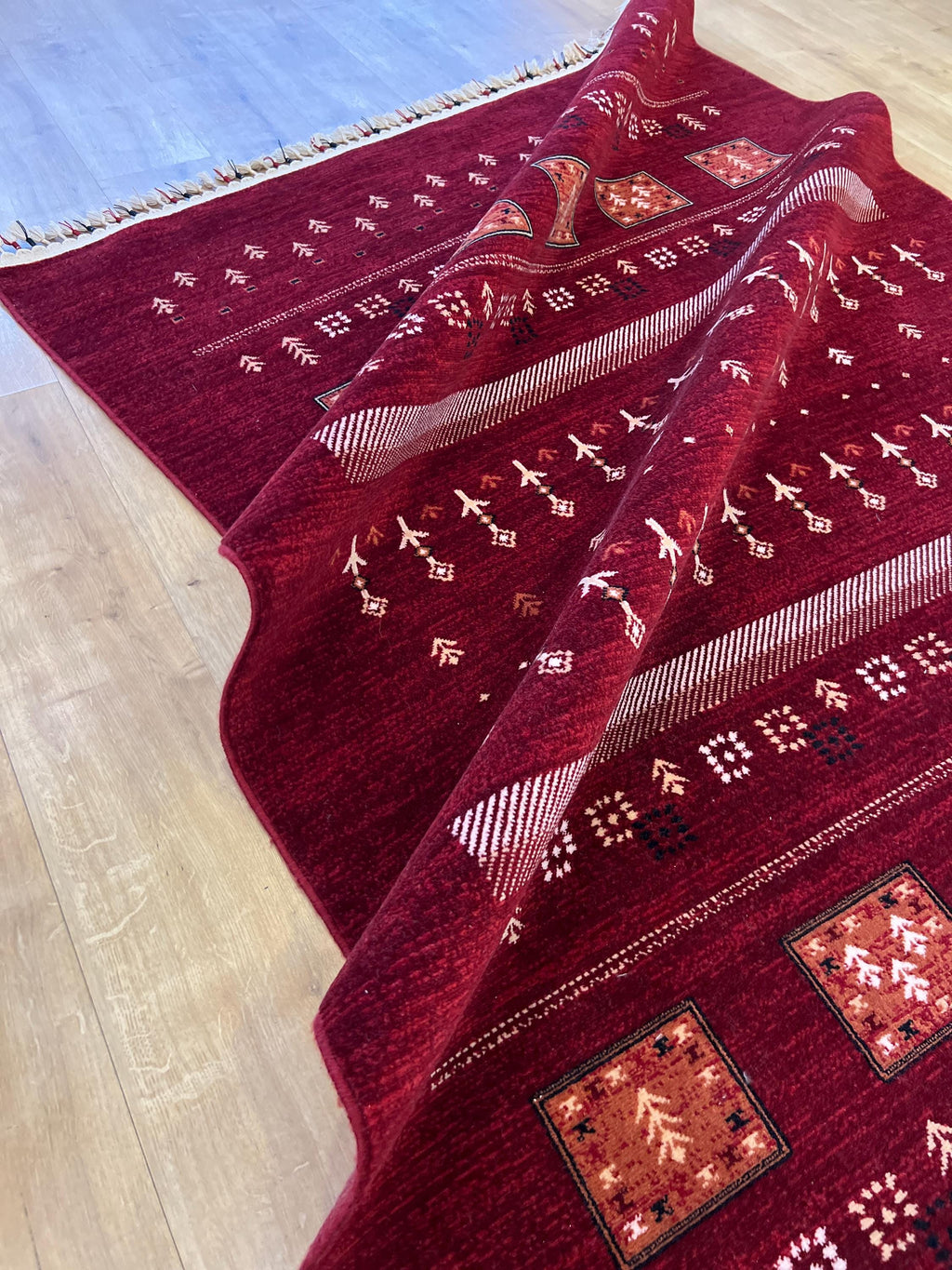 5x8 ft Red Wool Area Rug, Tree of Life Design, Ethnic Geometric Traditional Decor