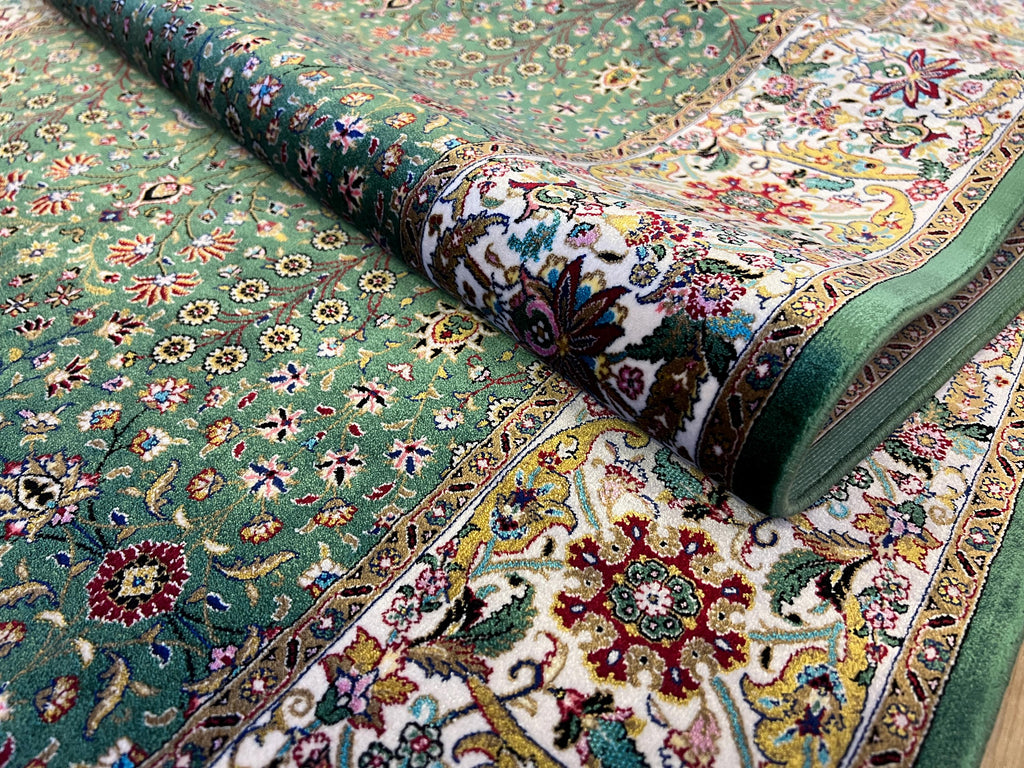 Green Floral Silk Runner Rug, Turkish Style, 3x10 ft, Classic Luxury Hallway Rug