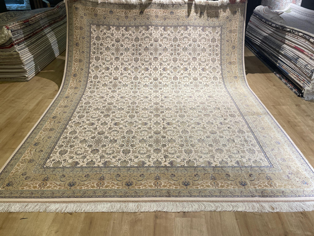 8x10 Ft Cream Modal Silk Rug, Beige Border Floral Design, Classic Elegant Large Rug