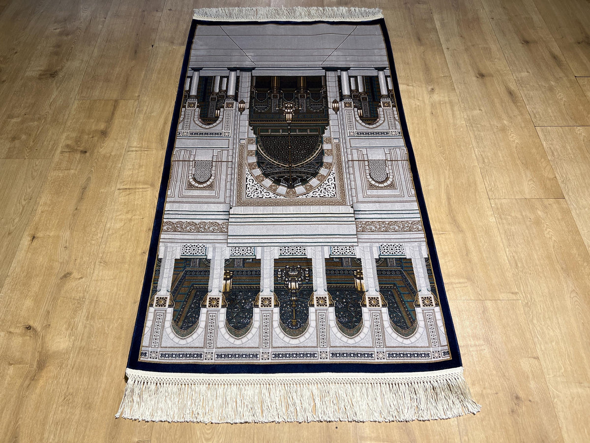 Gray Mosque Design Silk Prayer Rug with Blue Border