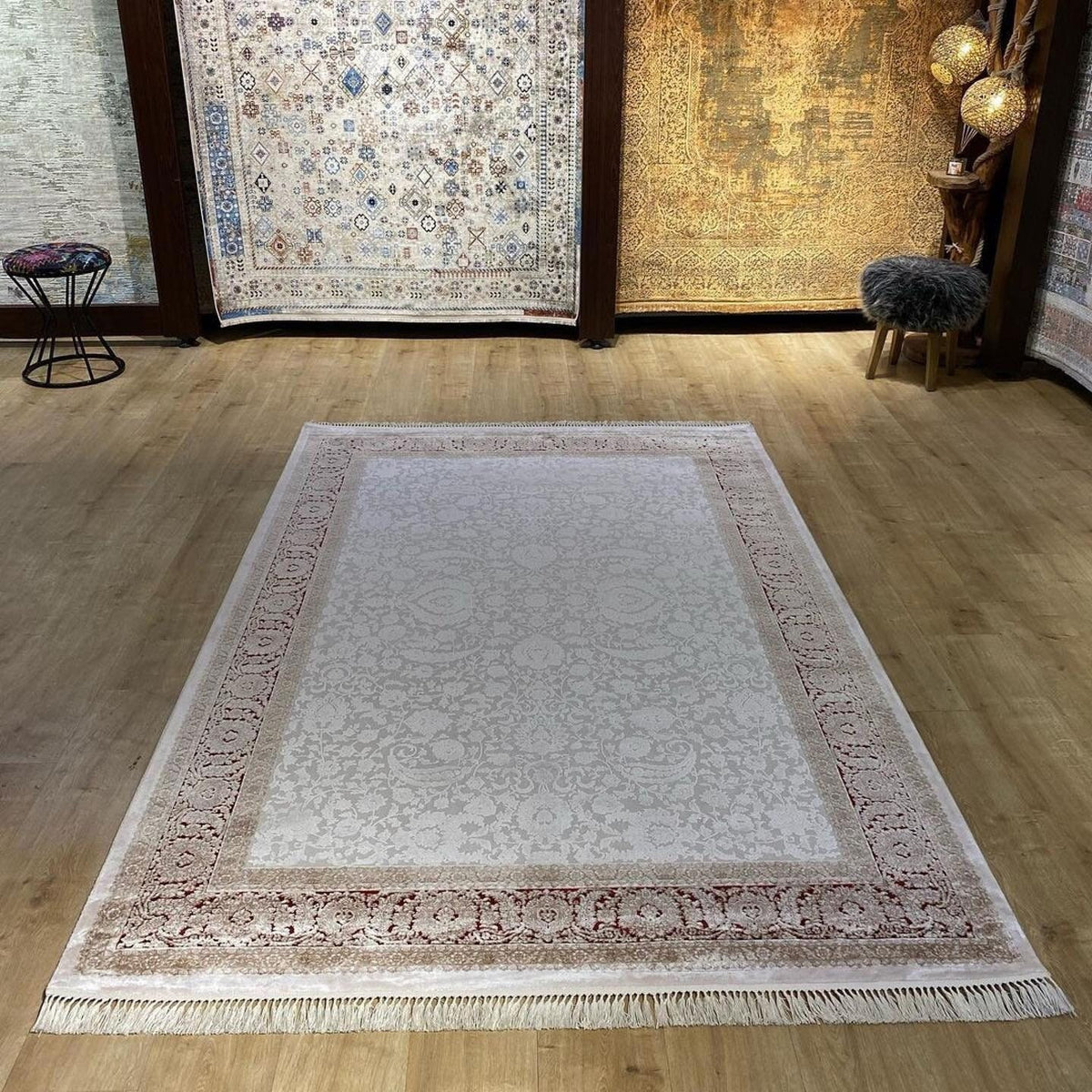 Beige Red Bamboo Rug, Turkish Carpet, Home Decor (5x8 ft)