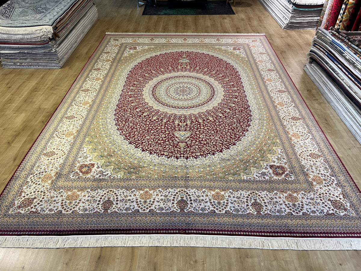 10x13 ft Red Silk Rug, Classic Medallion Design Traditional Rug