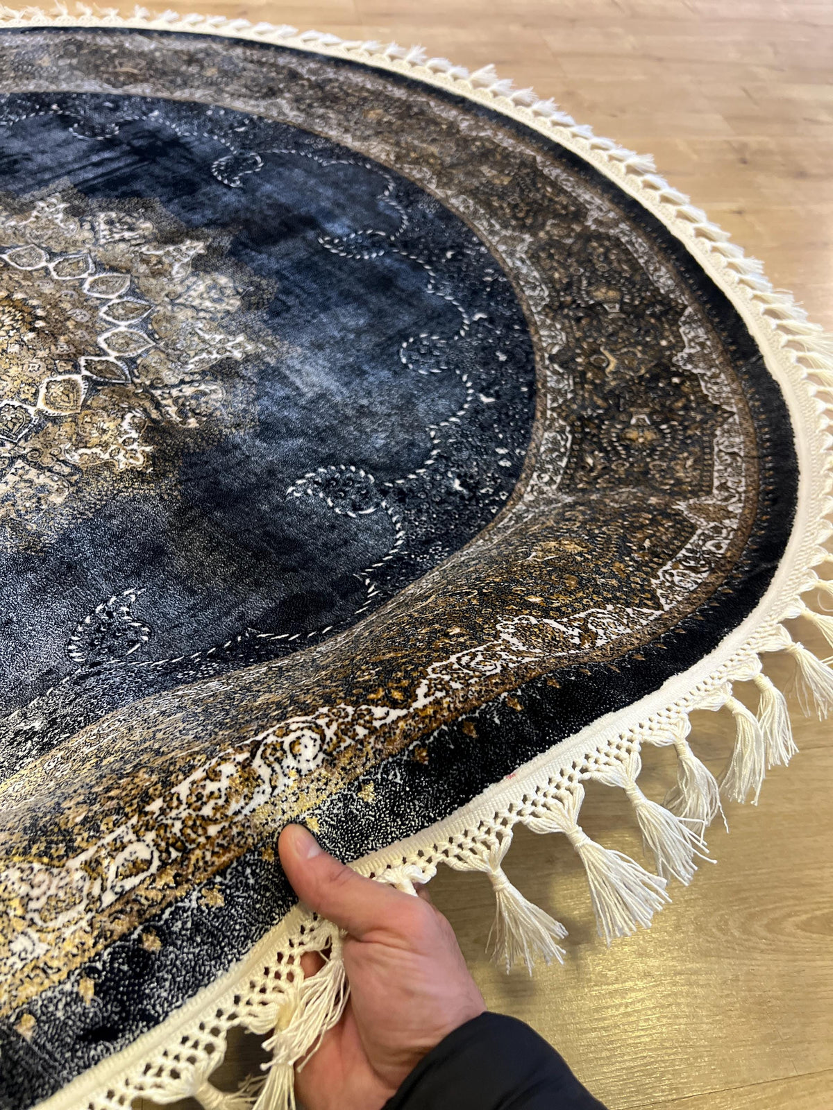 Black Gold Modal Silk Round Rug, Turkish Carpet (5x5 ft)