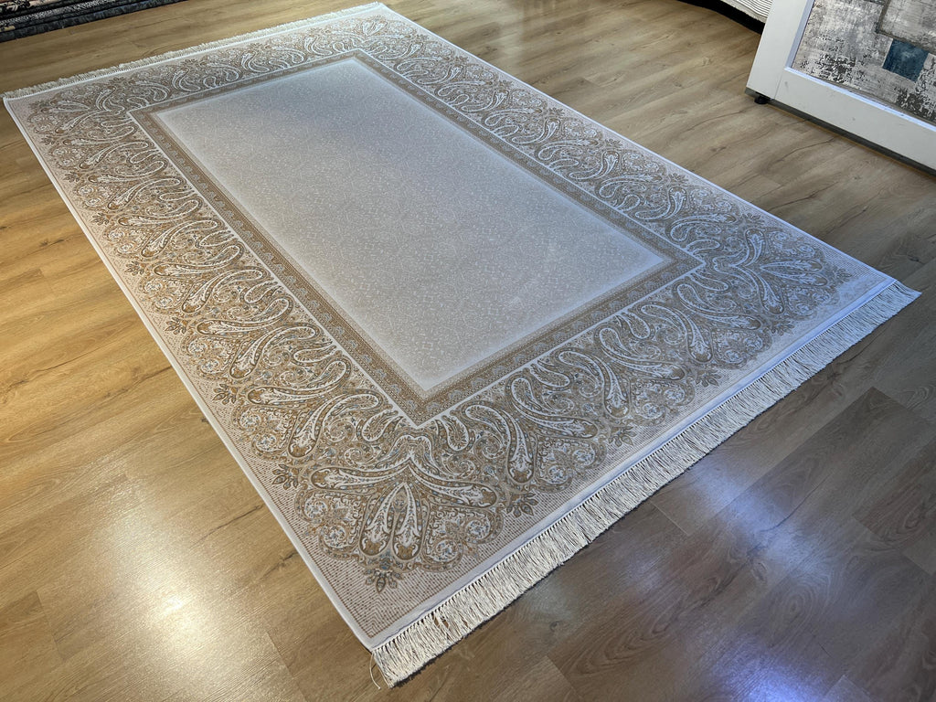 Cream Gold Silk Rug with Elegant Border, Classic Luxury Area Rug