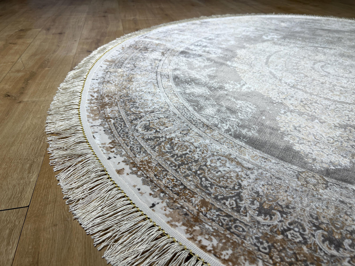 5x5 Ft Gray Brown Silk Rug, Medallion Design, Classic Luxury Area Rug