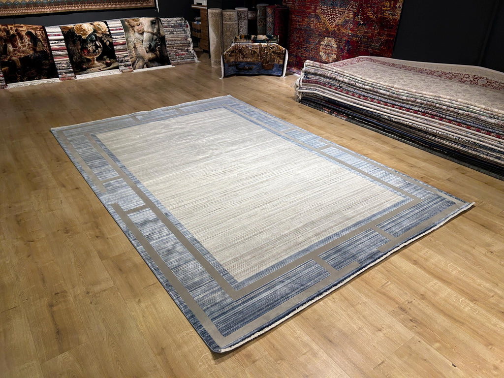 7x10 ft Blue Gray Beige Bamboo Rug, Bordered Minimalist Modern Rug, Oversize Carpet