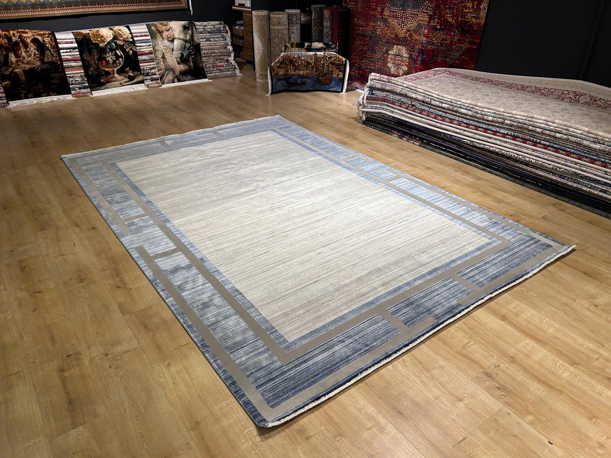 7x10 ft Blue Gray Beige Bamboo Rug, Bordered Minimalist Modern Rug, Oversize Carpet