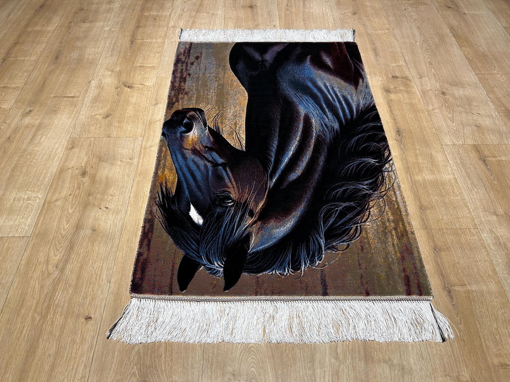 Horse Portrait Tapestry, Black Horse Silk Rug, Woven Wall Hanging, Rustic Home Decor