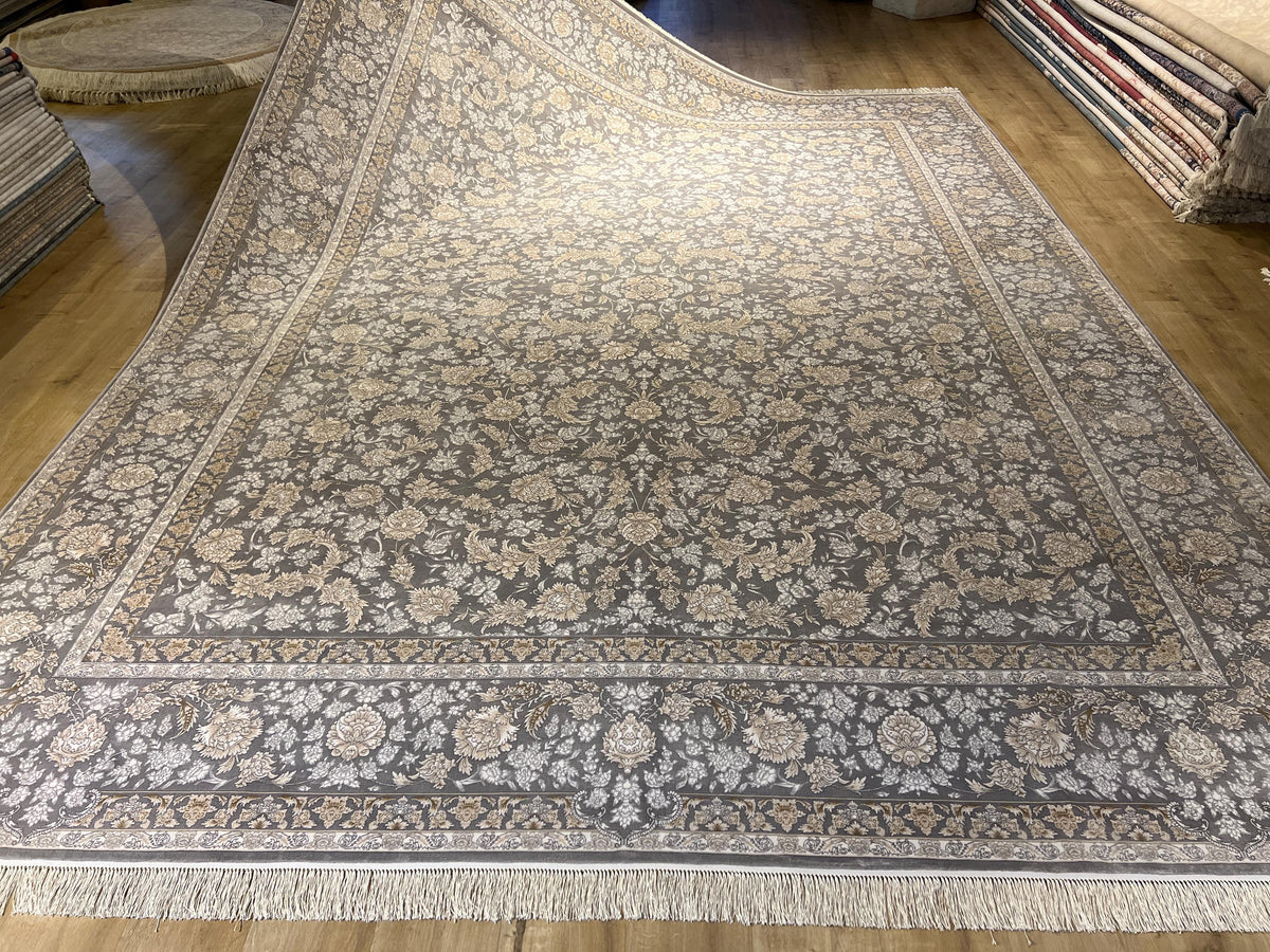 10x13 ft Gray Classic Silk Rug with Beige Floral Motifs, Big Silk Carpet