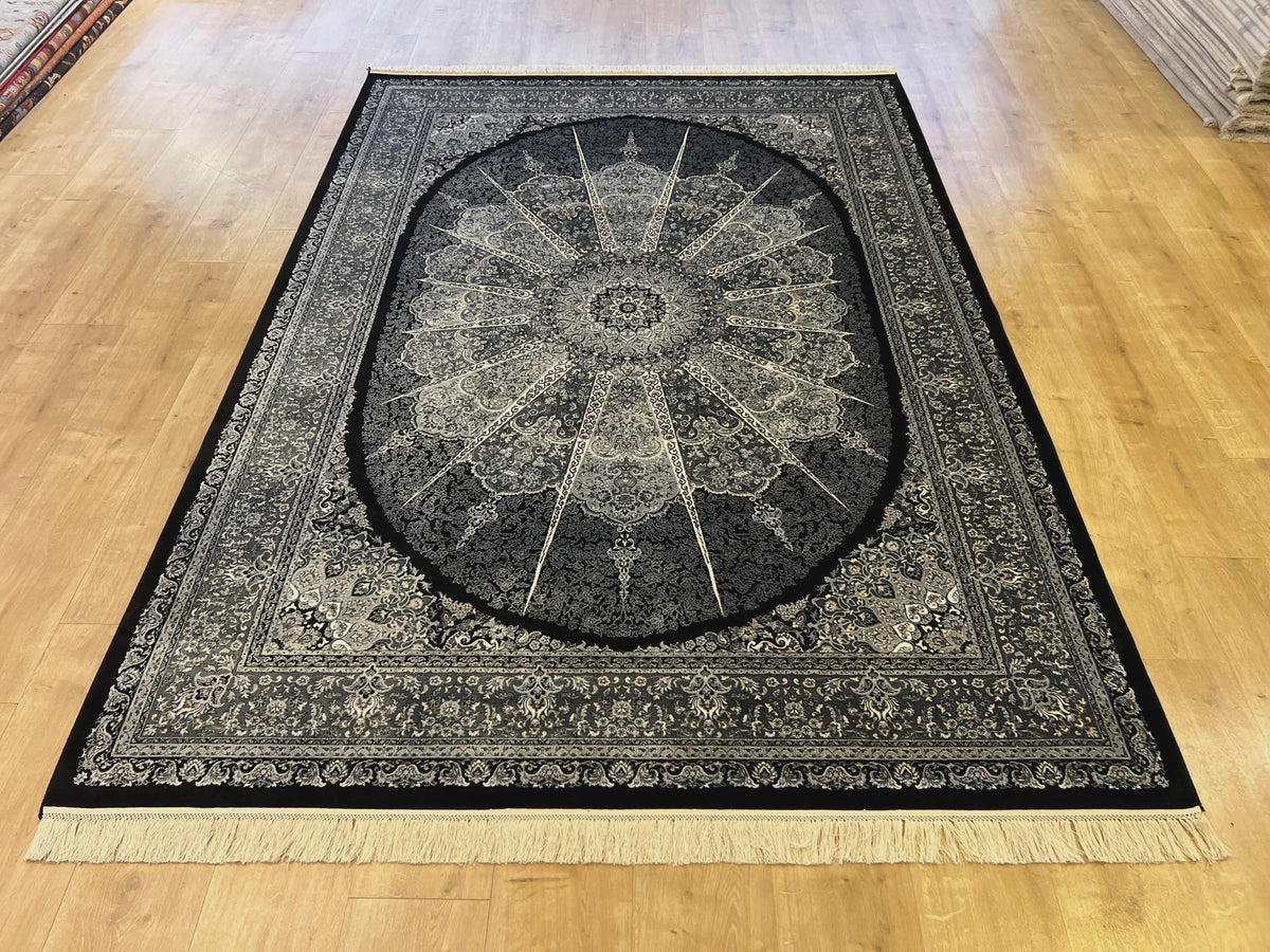 5x8 ft Black Silk Rug, Gray Medallion, Classic Turkish Style, Luxury Carpet