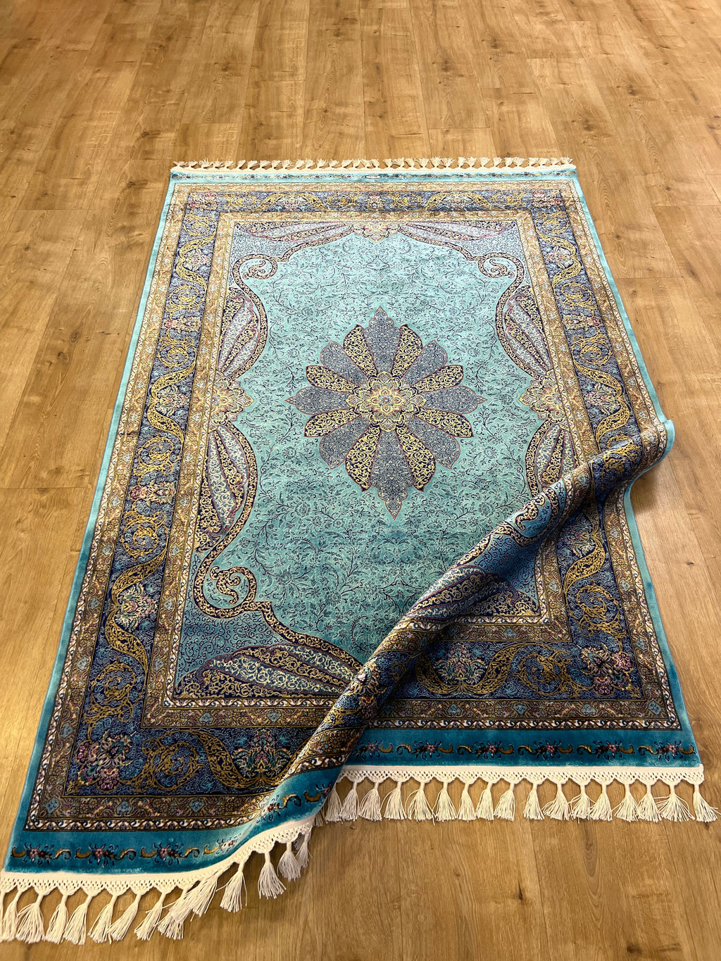 Blue Gold Modal Silk Rug, Classic Turkish Style, Medallion Pattern
