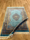 Blue Gold Modal Silk Rug, Classic Turkish Style, Medallion Pattern